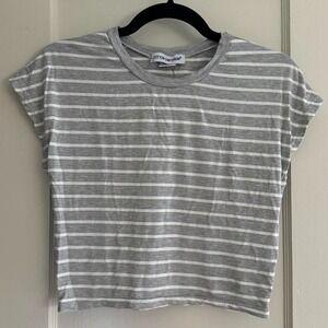 Cotton Eporium‎ Short Sleeve Grey Striped Crop Tshirt Size Large NWT